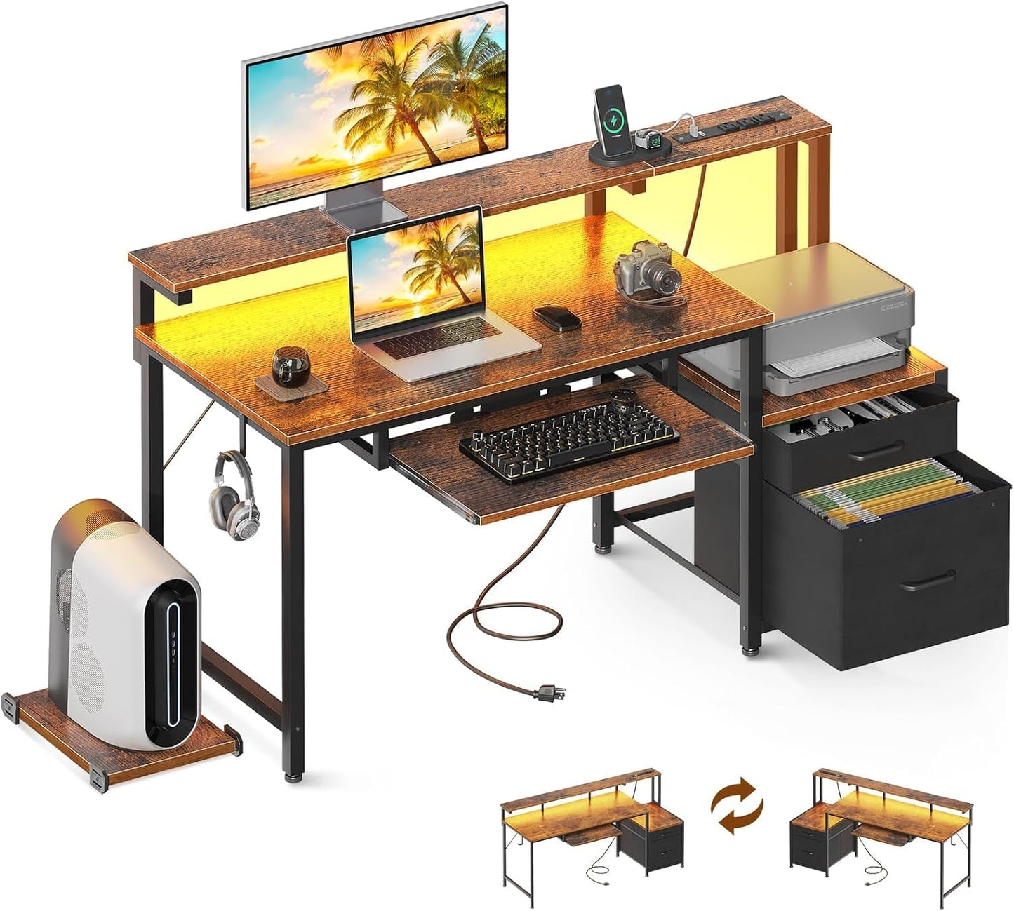 48" Computer Desk with Fabric File Cabinet and Drawer, Reversible Office Desk with Power Outlet and LED Light, Study Desk with Printer Stand, Keyboard Tray, Monitor Riser and PC Stand, Vintage