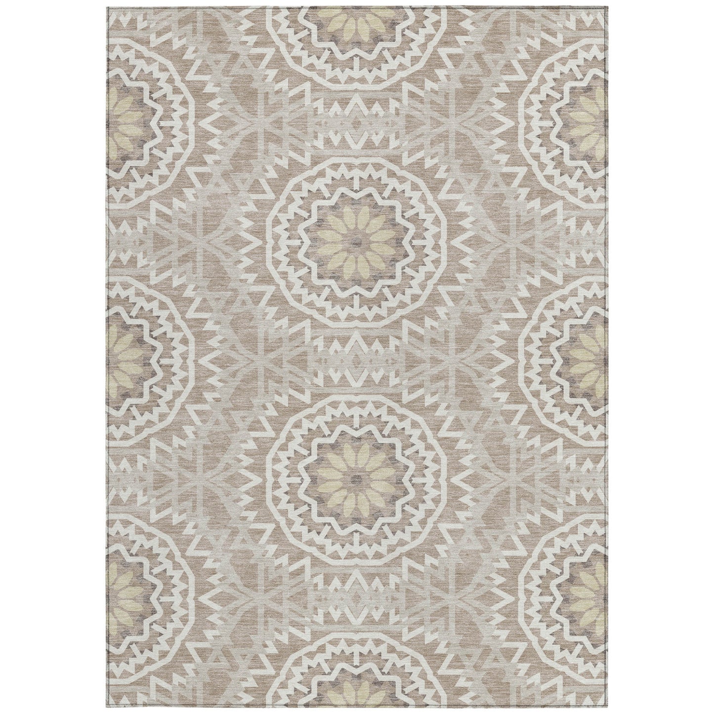 3' X 5' Taupe Khaki And Ivory Floral Medallion Washable Indoor Outdoor Area Rug