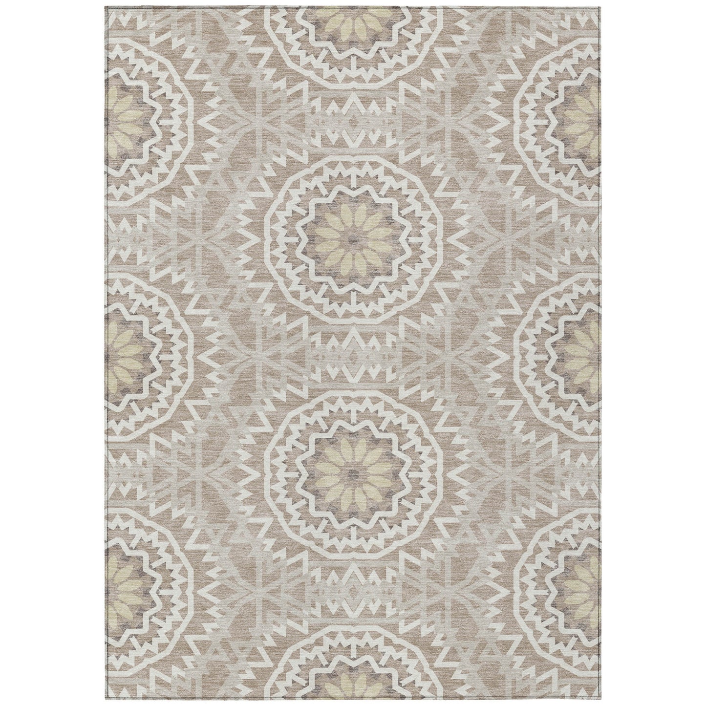 3' X 5' Taupe Khaki And Ivory Floral Medallion Washable Indoor Outdoor Area Rug