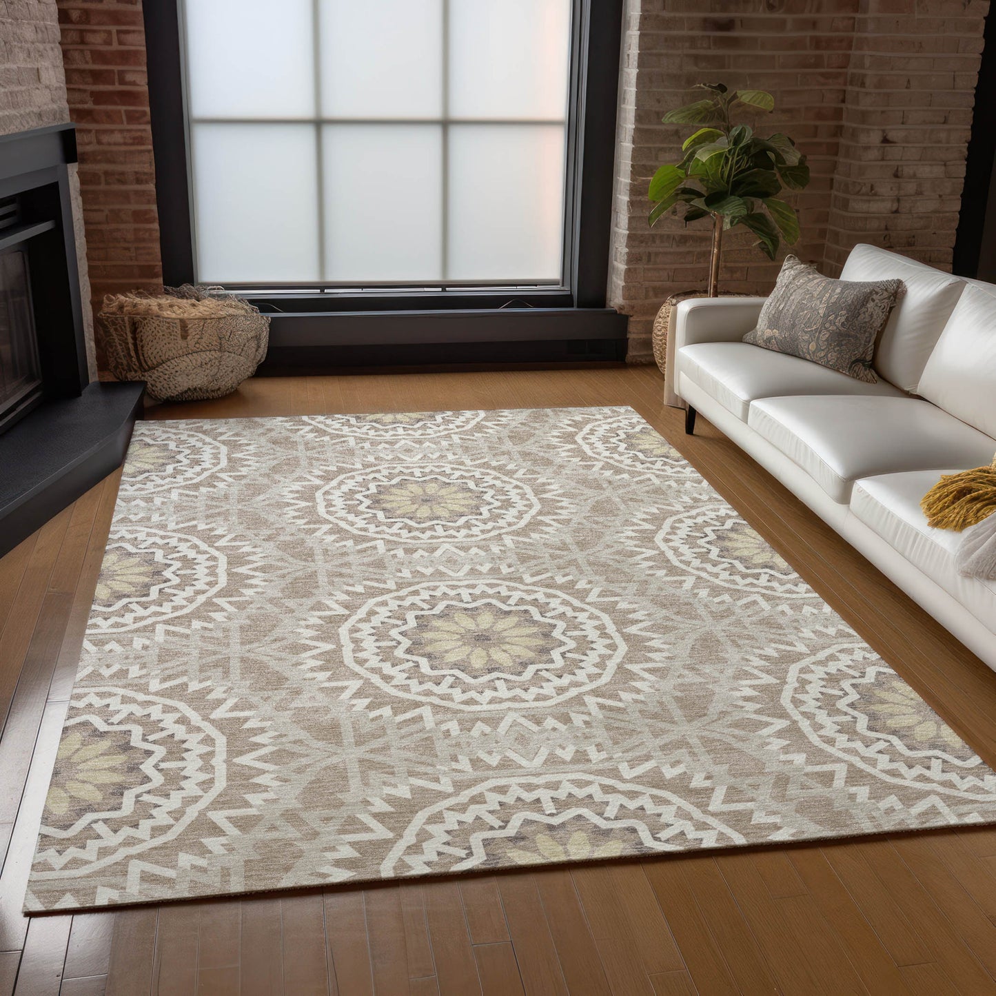 3' X 5' Taupe Khaki And Ivory Floral Medallion Washable Indoor Outdoor Area Rug