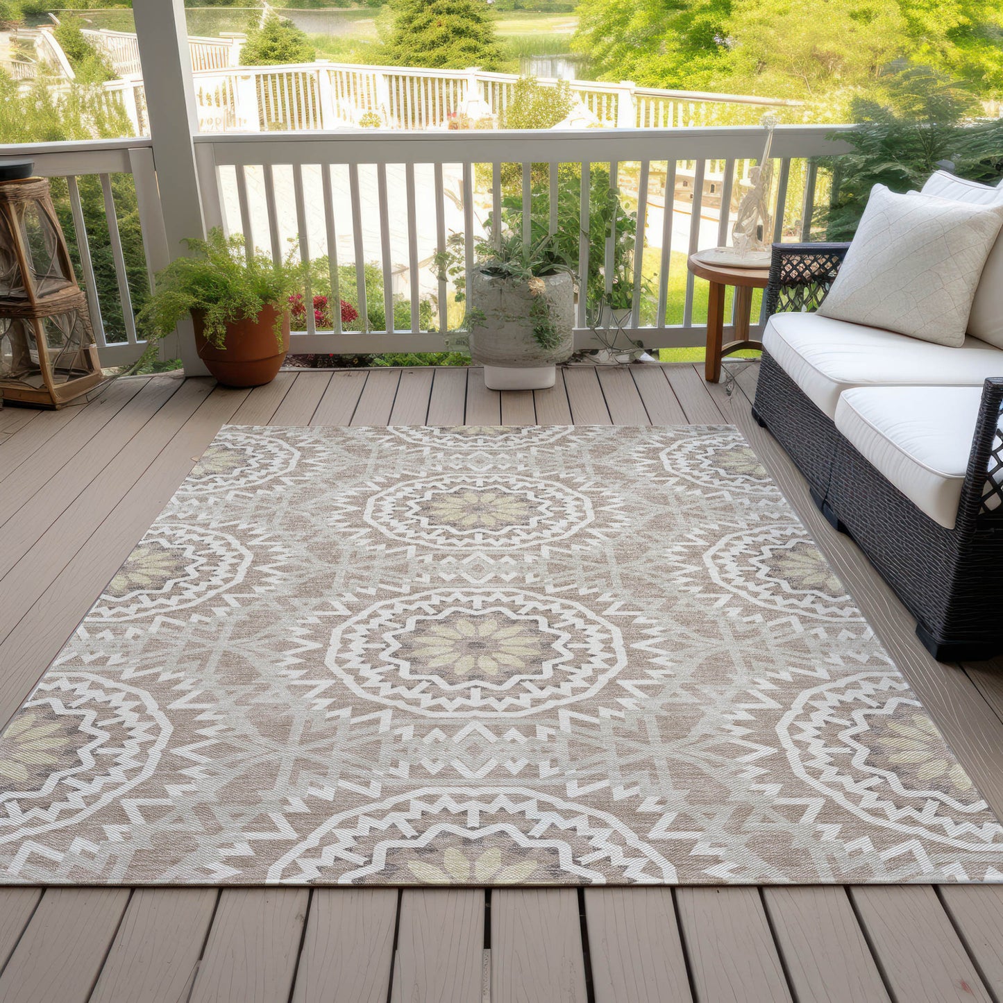 3' X 5' Taupe Khaki And Ivory Floral Medallion Washable Indoor Outdoor Area Rug