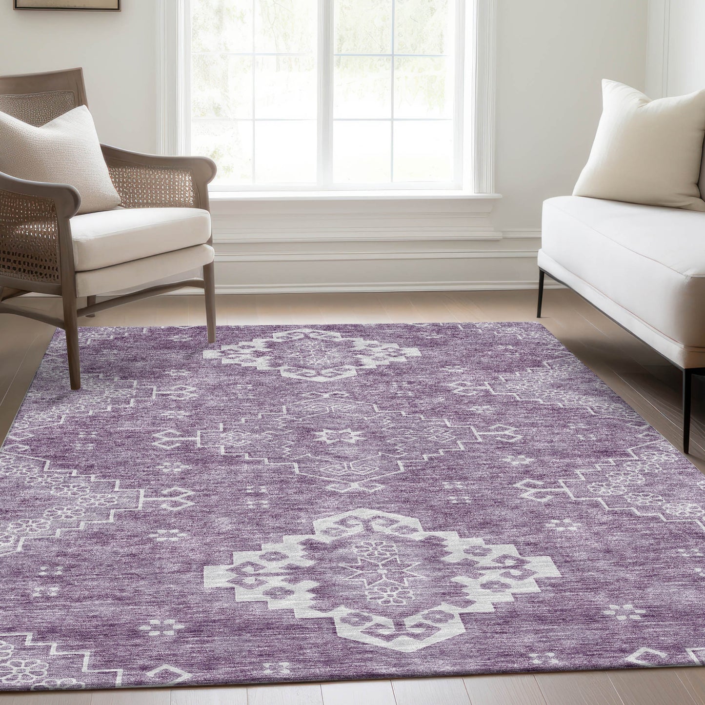 3' X 5' Lavender Plum And Ivory Medallion Washable Indoor Outdoor Area Rug