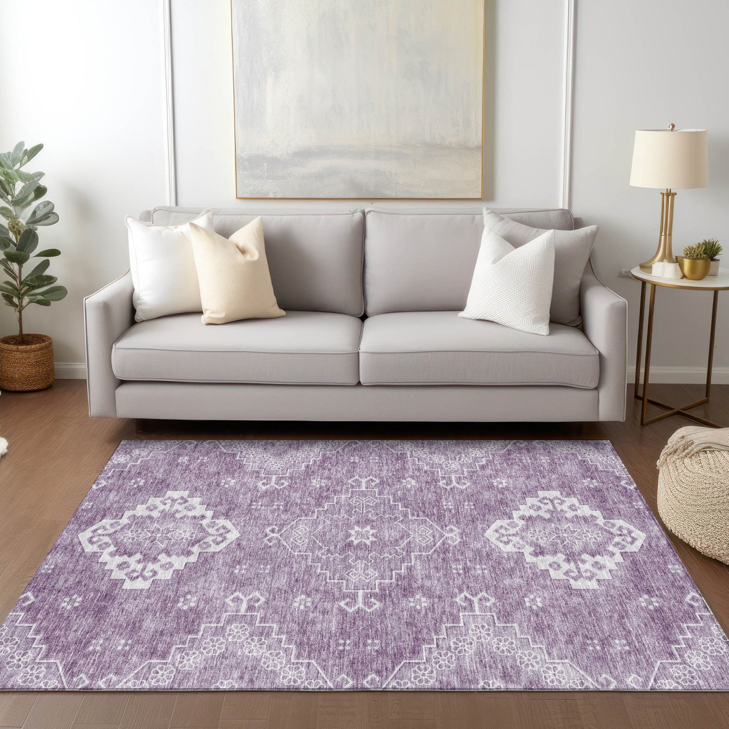 3' X 5' Lavender Plum And Ivory Medallion Washable Indoor Outdoor Area Rug