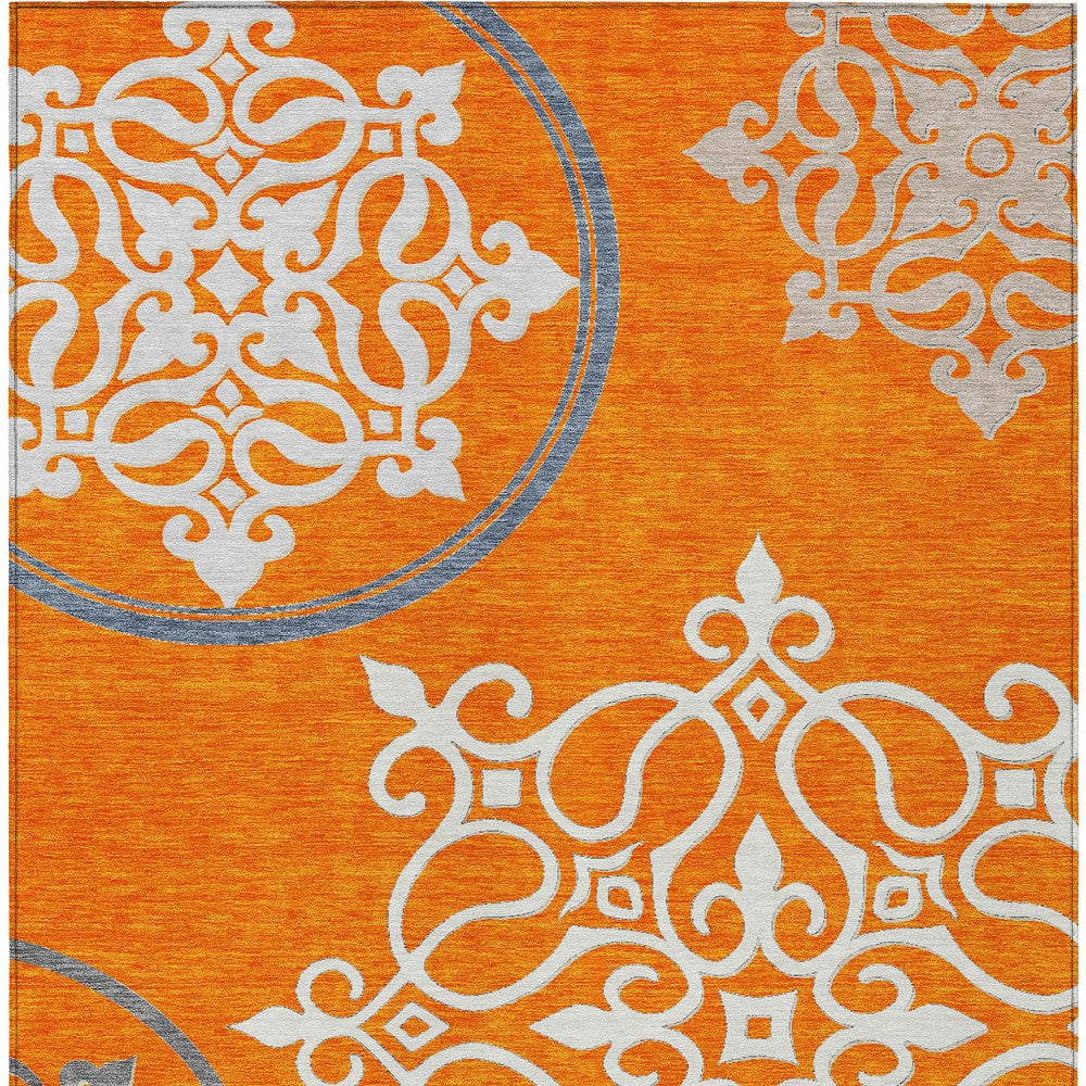 5' X 8' Orange Gray And Ivory Floral Medallion Washable Indoor Outdoor Area Rug