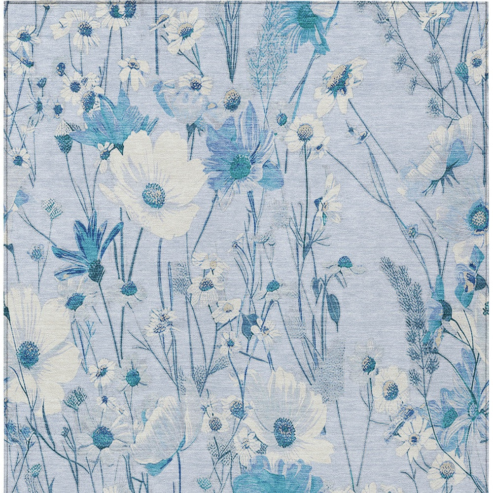5' X 8' Sky Blue And Denim Blue Floral Washable Indoor Outdoor Area Rug