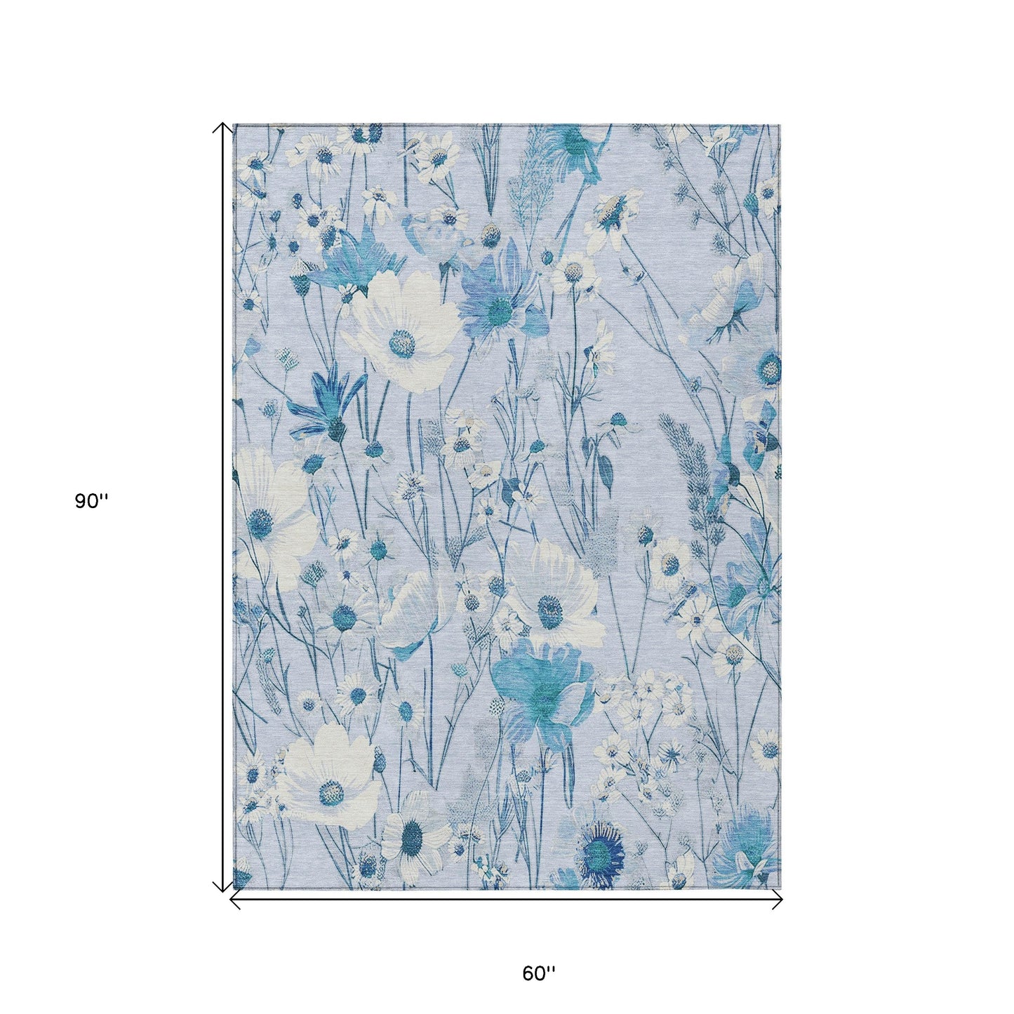 5' X 8' Sky Blue And Denim Blue Floral Washable Indoor Outdoor Area Rug