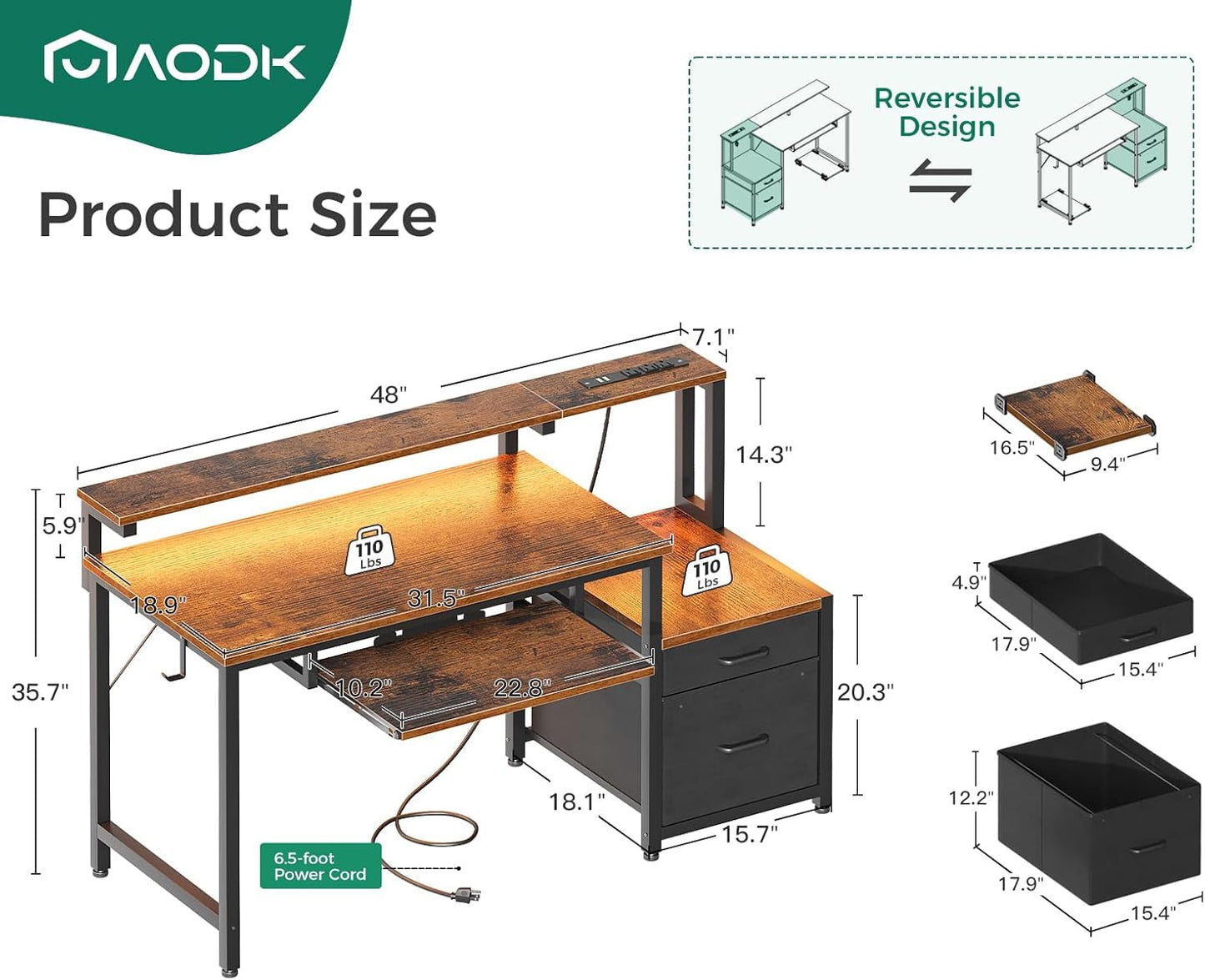 48" Computer Desk with Fabric File Cabinet and Drawer, Reversible Office Desk with Power Outlet and LED Light, Study Desk with Printer Stand, Keyboard Tray, Monitor Riser and PC Stand, Vintage