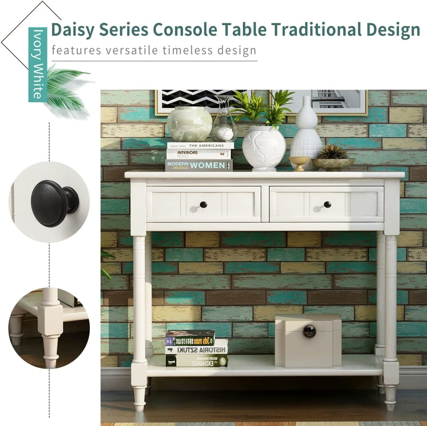 Rustic Ivory Console Table with Storage Drawers