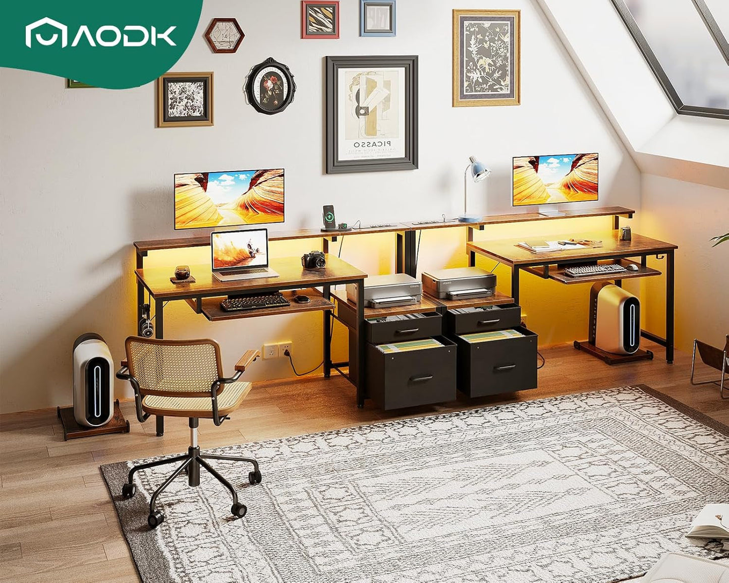 48" Computer Desk with Fabric File Cabinet and Drawer, Reversible Office Desk with Power Outlet and LED Light, Study Desk with Printer Stand, Keyboard Tray, Monitor Riser and PC Stand, Vintage