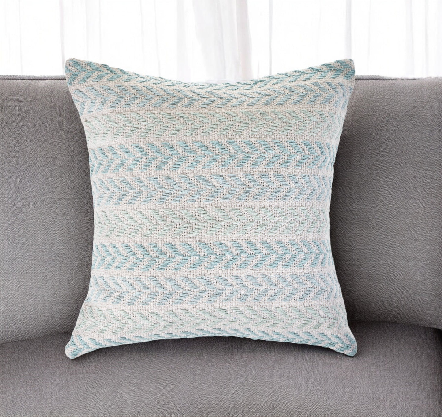 18" Light Blue And White Chevron Cotton Throw Pillow