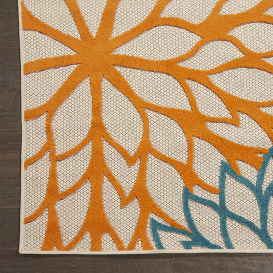 5' X 8' Ivory Green Blue Red And Orange Floral Indoor Outdoor Area Rug