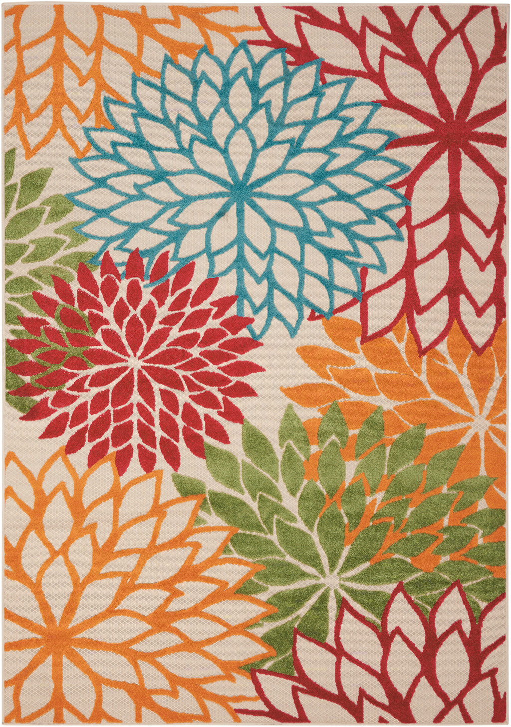 5' X 8' Ivory Green Blue Red And Orange Floral Indoor Outdoor Area Rug