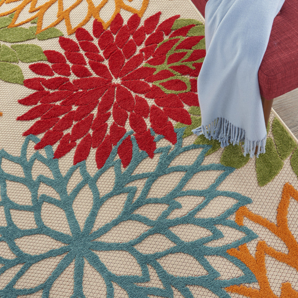 5' X 8' Ivory Green Blue Red And Orange Floral Indoor Outdoor Area Rug