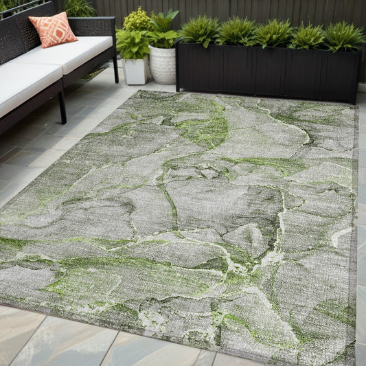 5' X 8' Green Abstract Washable Non Skid Indoor Outdoor Area Rug