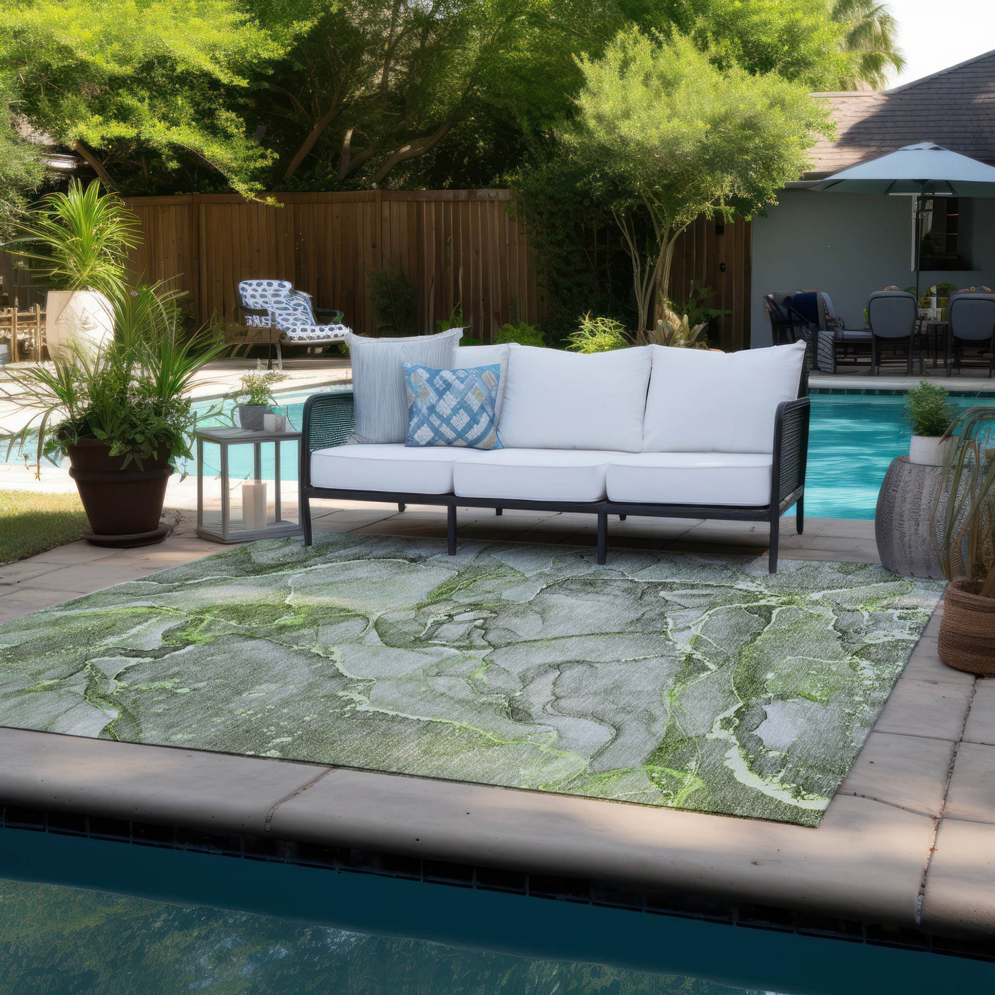5' X 8' Green Abstract Washable Non Skid Indoor Outdoor Area Rug