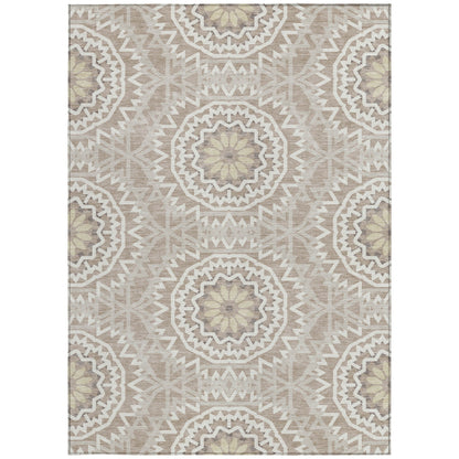 3' X 5' Taupe Khaki And Ivory Floral Medallion Washable Indoor Outdoor Area Rug