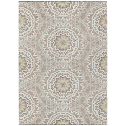 3' X 5' Taupe Khaki And Ivory Floral Medallion Washable Indoor Outdoor Area Rug