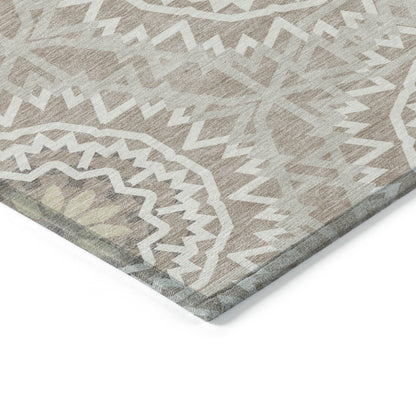 3' X 5' Taupe Khaki And Ivory Floral Medallion Washable Indoor Outdoor Area Rug