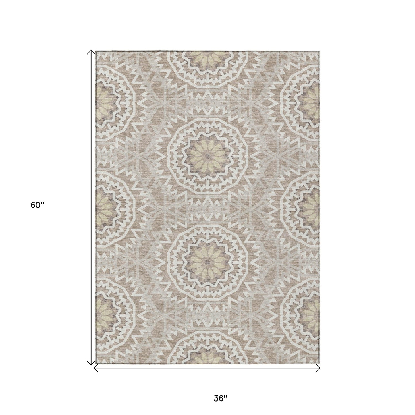 3' X 5' Taupe Khaki And Ivory Floral Medallion Washable Indoor Outdoor Area Rug