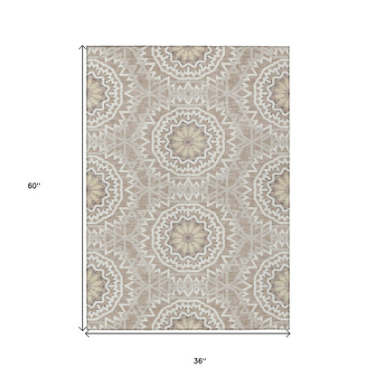 3' X 5' Taupe Khaki And Ivory Floral Medallion Washable Indoor Outdoor Area Rug