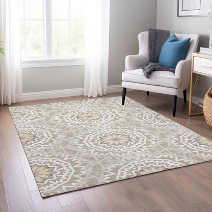 3' X 5' Taupe Khaki And Ivory Floral Medallion Washable Indoor Outdoor Area Rug