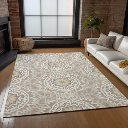 3' X 5' Taupe Khaki And Ivory Floral Medallion Washable Indoor Outdoor Area Rug