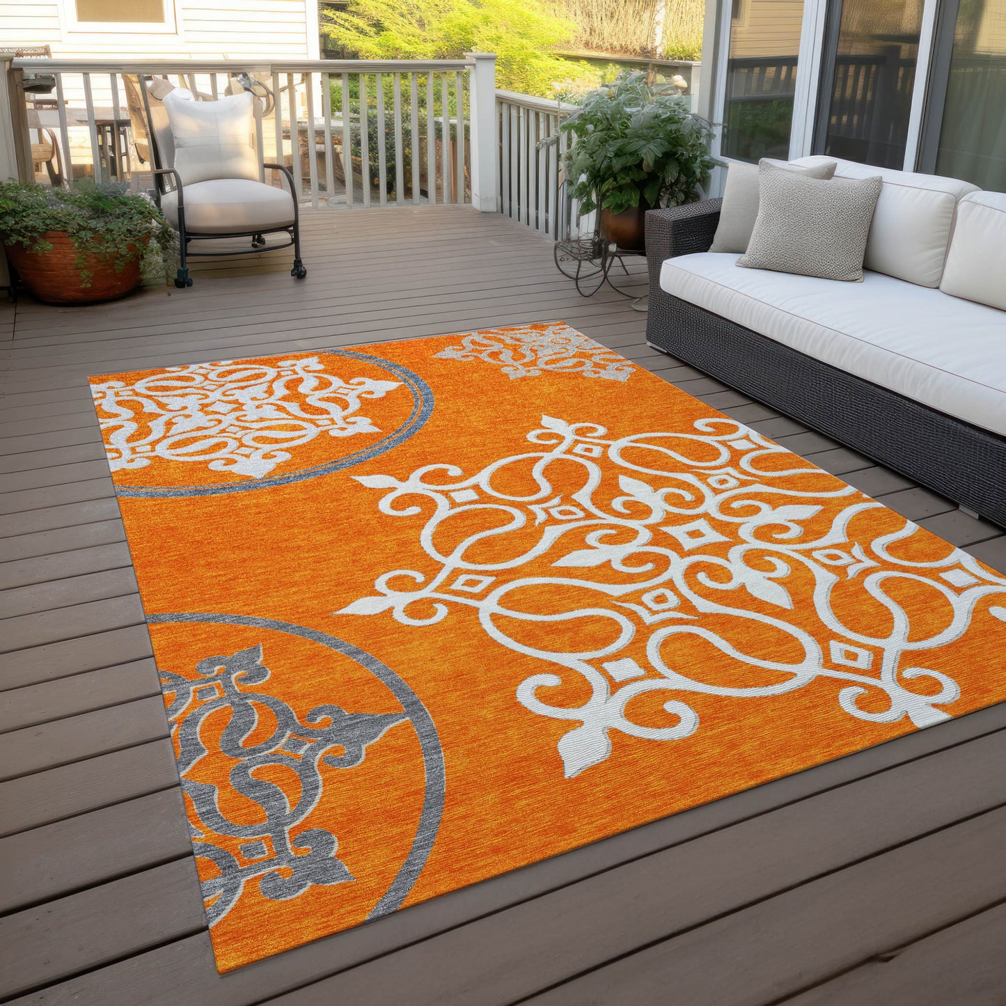 5' X 8' Orange Gray And Ivory Floral Medallion Washable Indoor Outdoor Area Rug