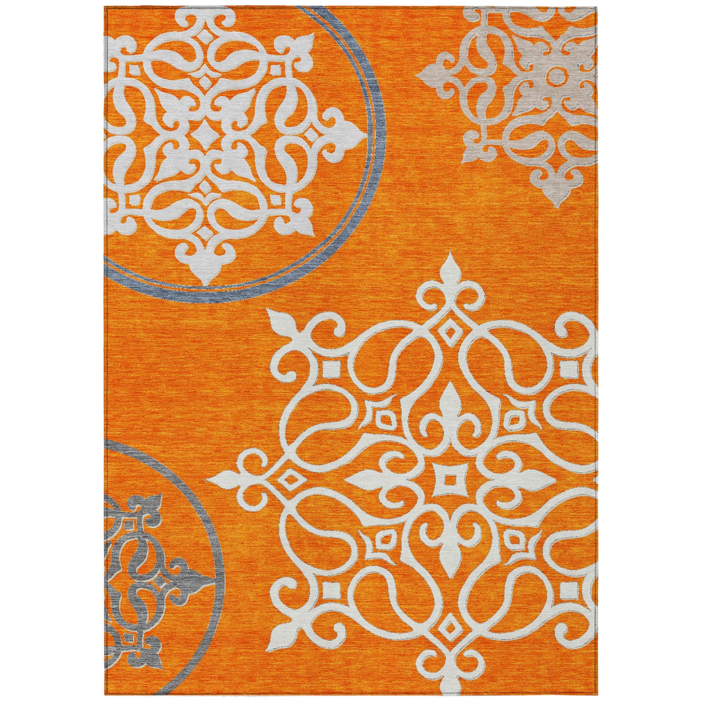 5' X 8' Orange Gray And Ivory Floral Medallion Washable Indoor Outdoor Area Rug