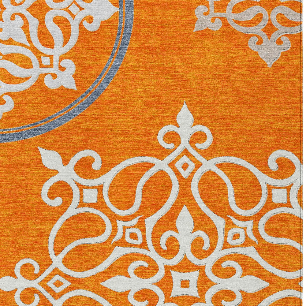 5' X 8' Orange Gray And Ivory Floral Medallion Washable Indoor Outdoor Area Rug