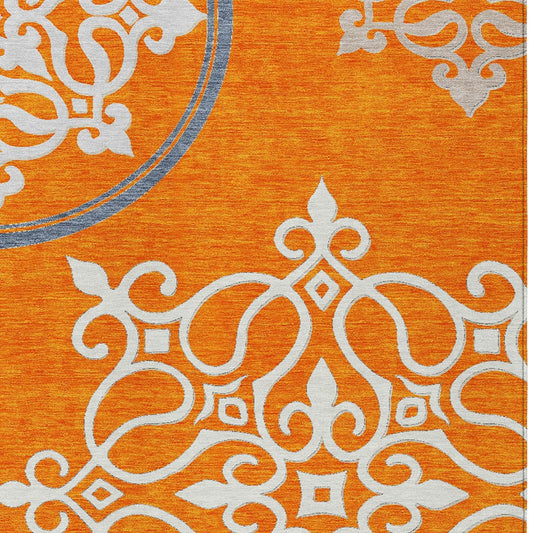 5' X 8' Orange Gray And Ivory Floral Medallion Washable Indoor Outdoor Area Rug