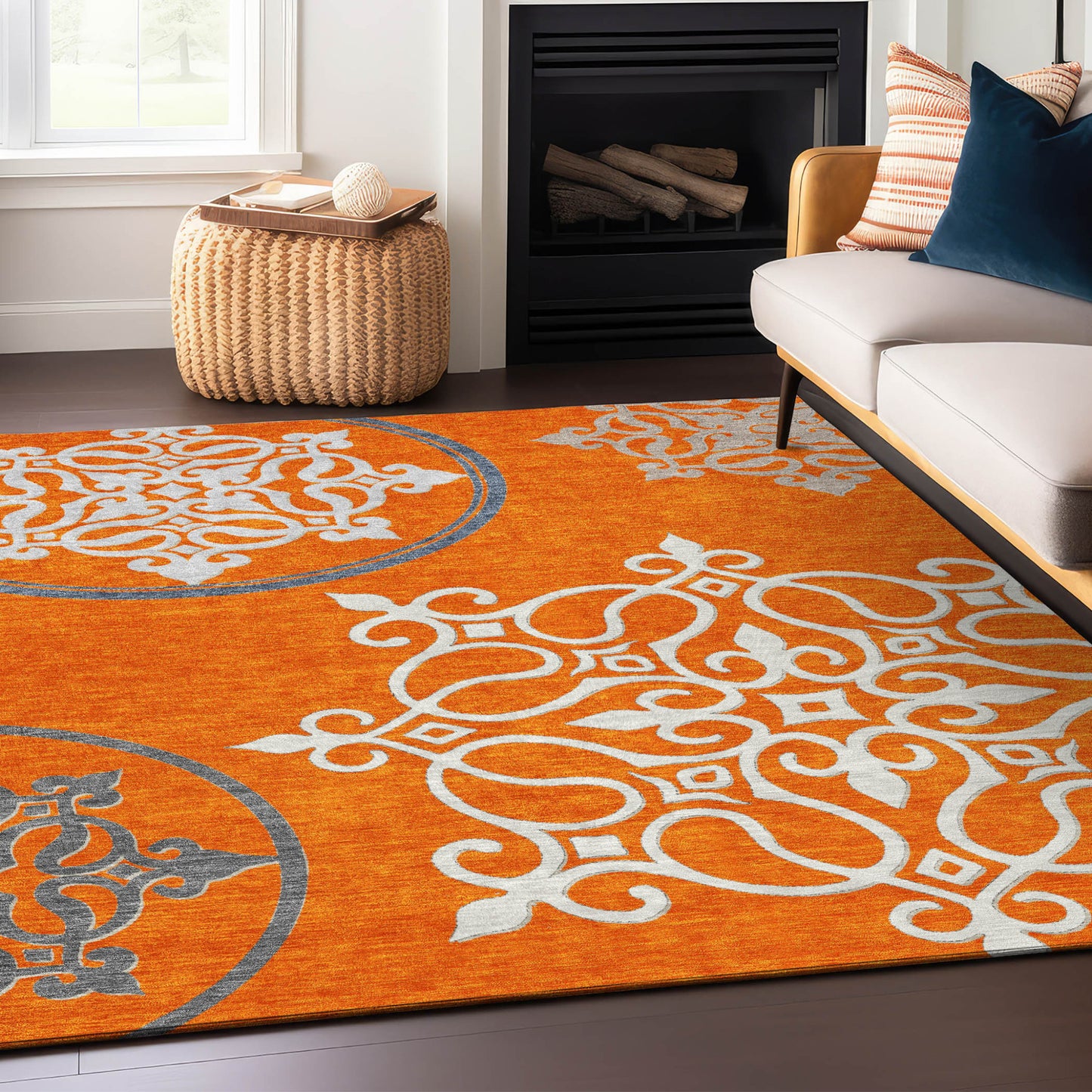 5' X 8' Orange Gray And Ivory Floral Medallion Washable Indoor Outdoor Area Rug