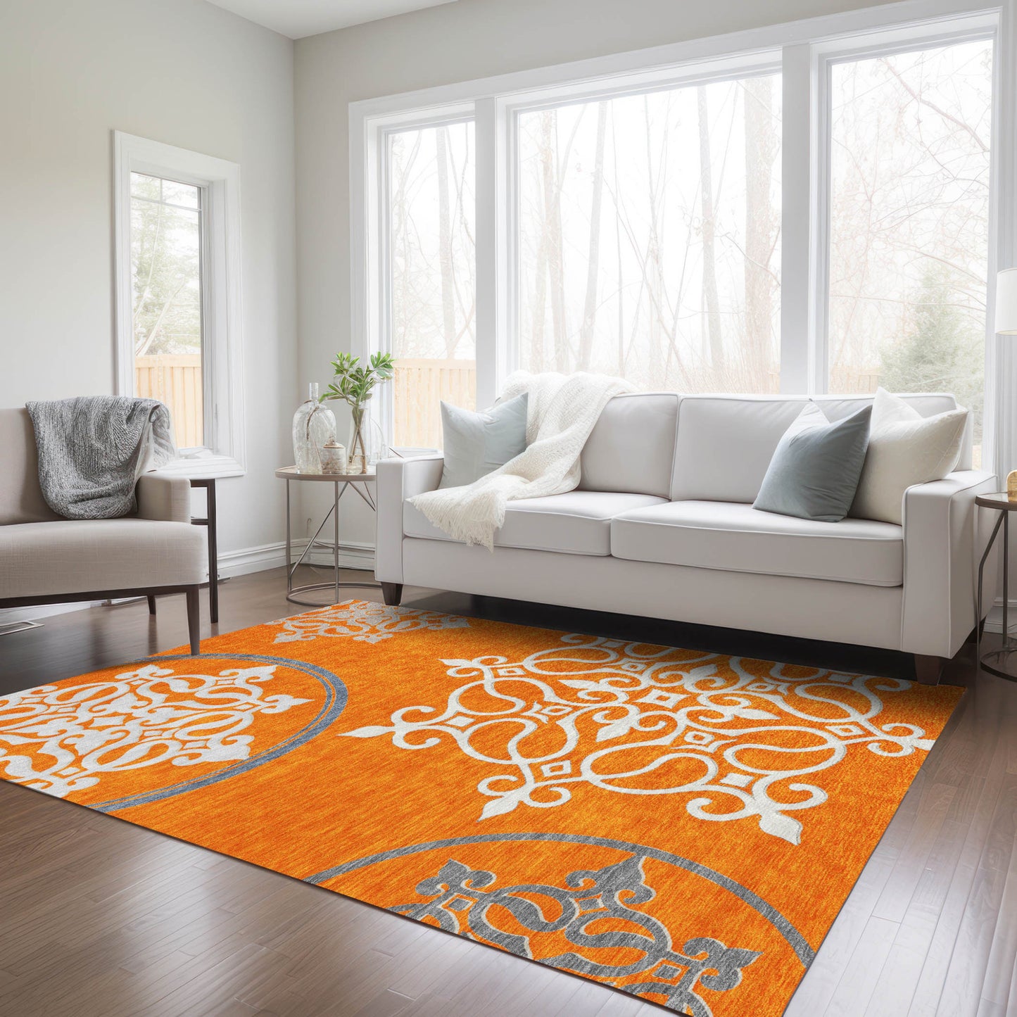 5' X 8' Orange Gray And Ivory Floral Medallion Washable Indoor Outdoor Area Rug