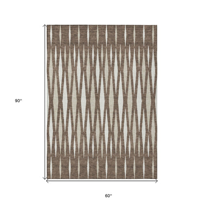 5' X 8' Brown And Ivory Geometric Washable Indoor Outdoor Area Rug