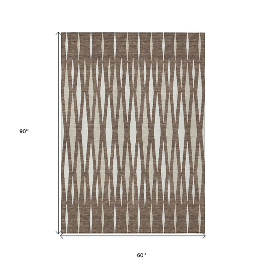 5' X 8' Brown And Ivory Geometric Washable Indoor Outdoor Area Rug