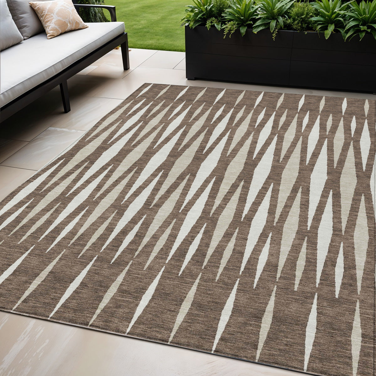 5' X 8' Brown And Ivory Geometric Washable Indoor Outdoor Area Rug