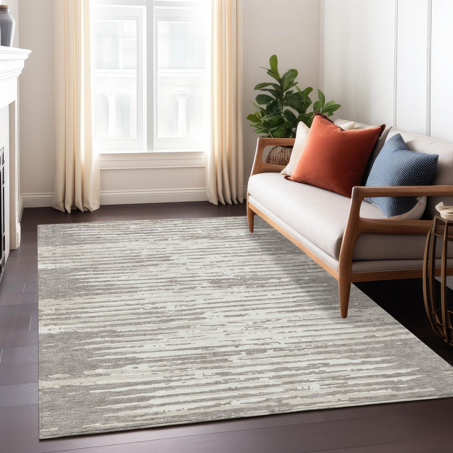 3' X 5' Taupe And Ivory Striped Washable Indoor Outdoor Area Rug