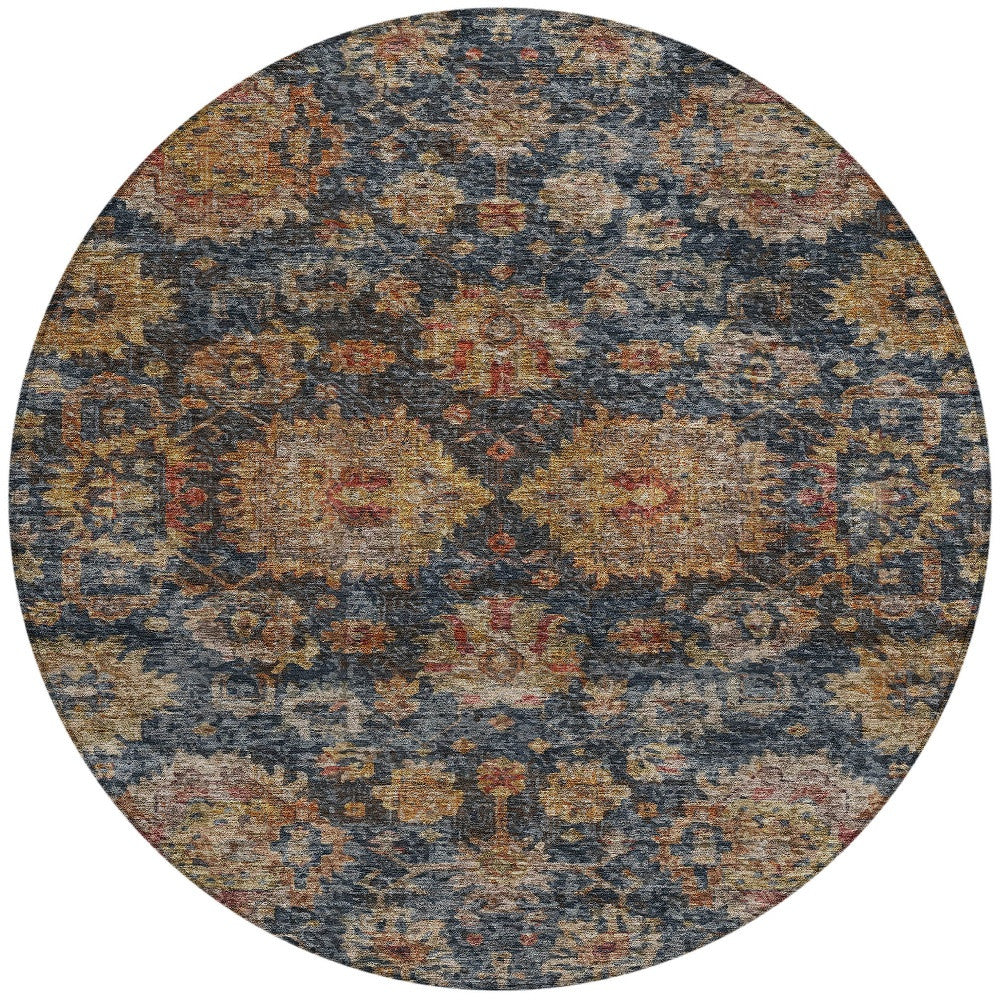 8' Navy Blue Brown And Terra Cotta Round Damask Washable Indoor Outdoor Area Rug