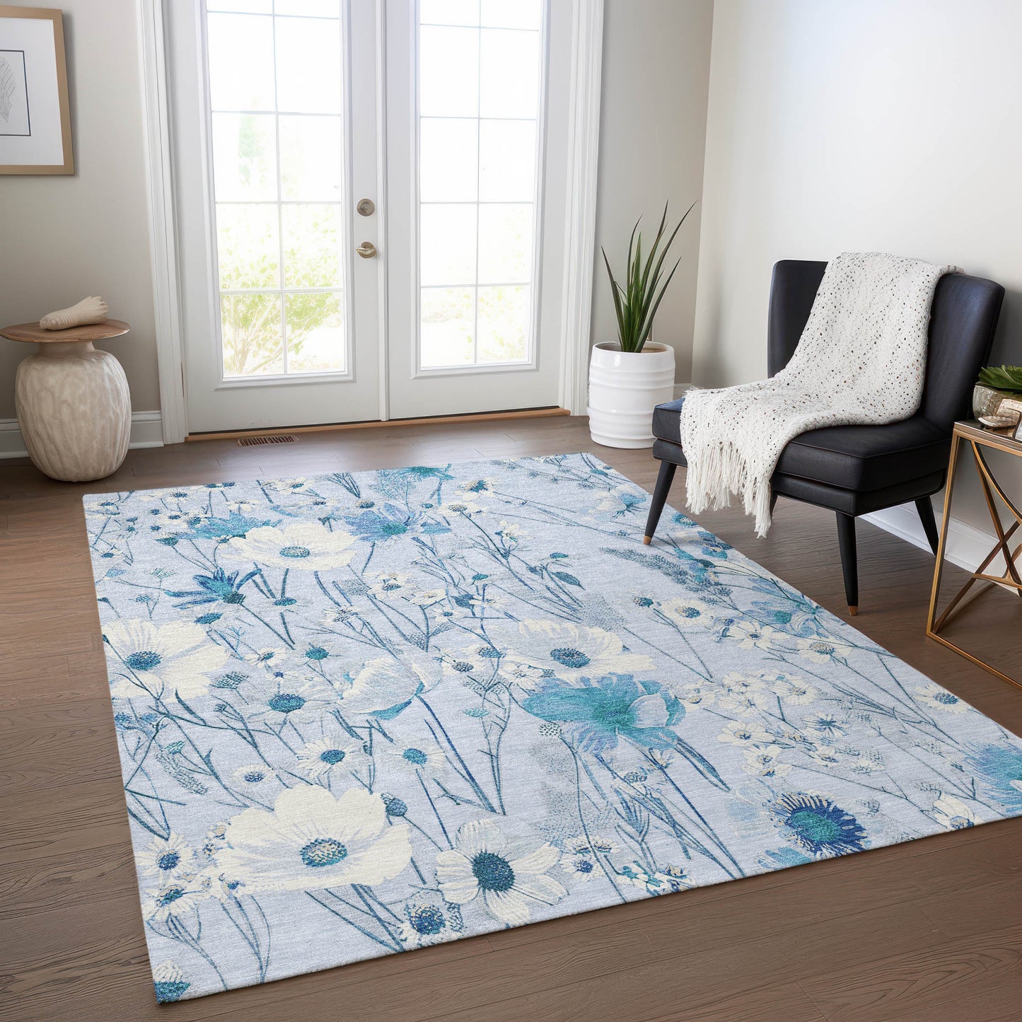 5' X 8' Sky Blue And Denim Blue Floral Washable Indoor Outdoor Area Rug