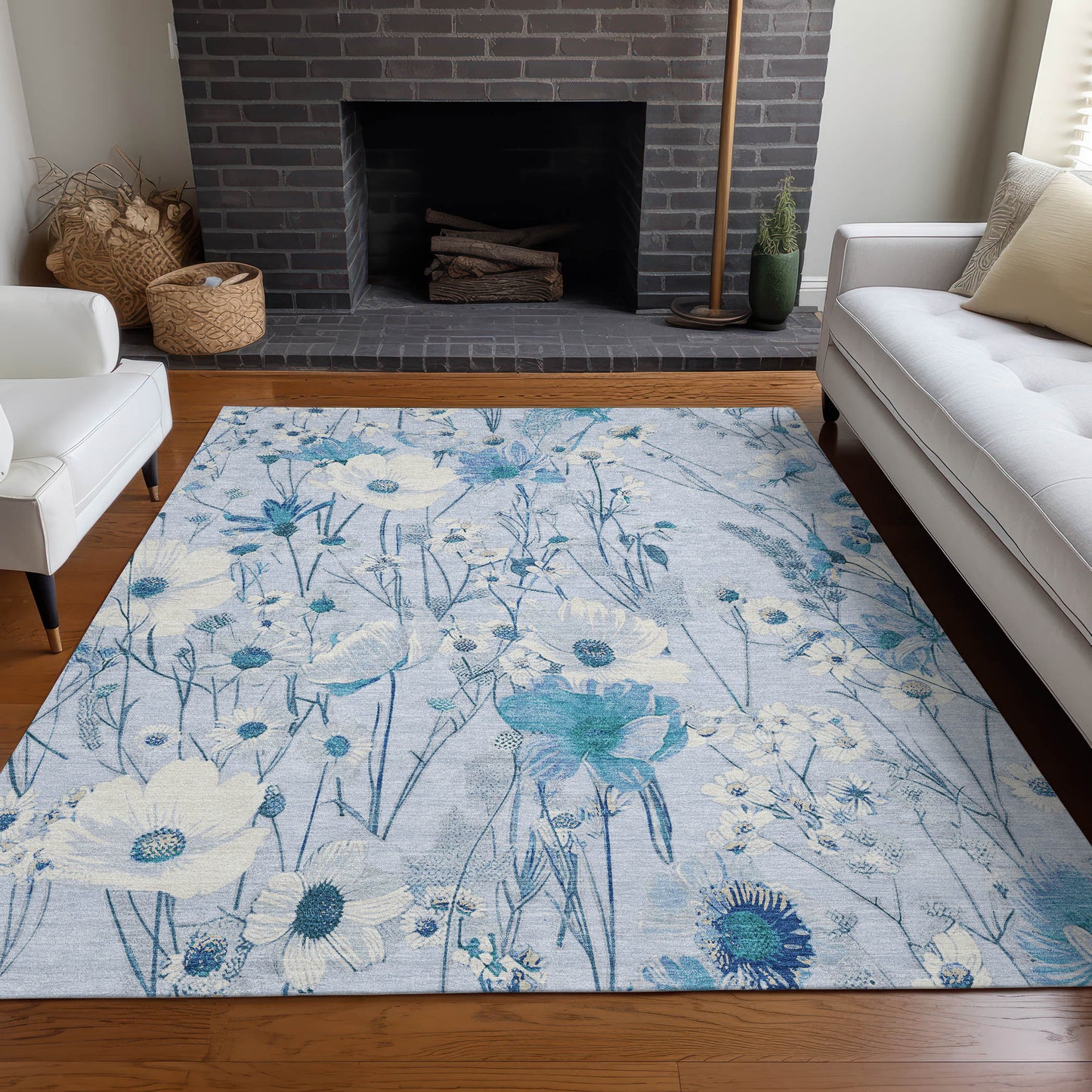 5' X 8' Sky Blue And Denim Blue Floral Washable Indoor Outdoor Area Rug
