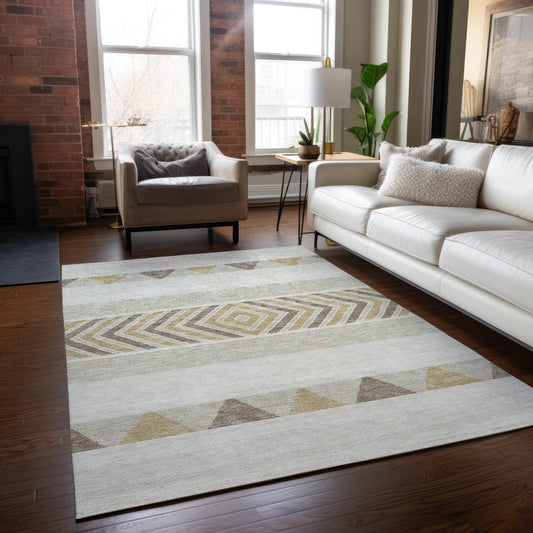 8' X 10' Ivory Beige And Taupe Southwestern Washable Indoor Outdoor Area Rug