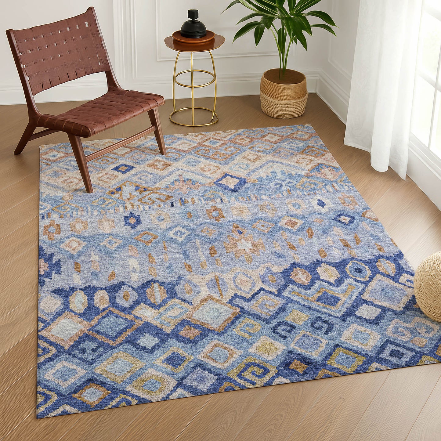 8' X 10' Blue And Taupe Geometric Washable Indoor Outdoor Area Rug