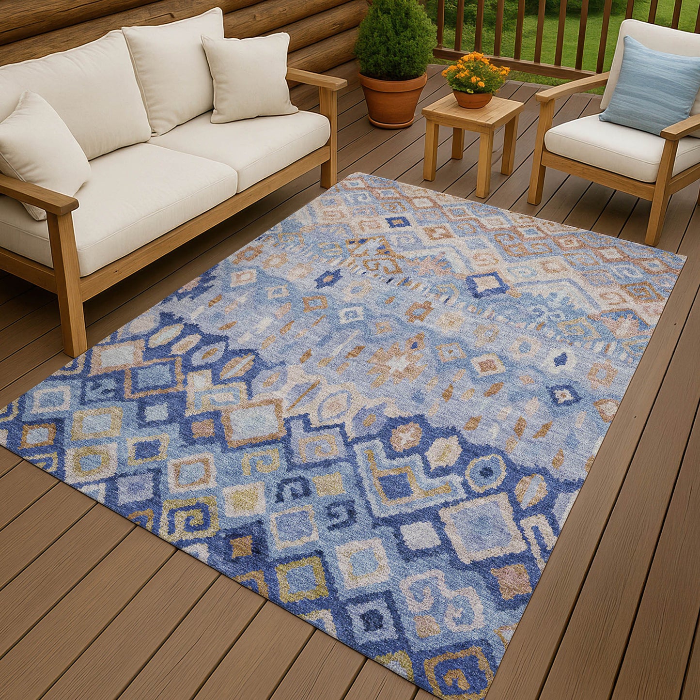 8' X 10' Blue And Taupe Geometric Washable Indoor Outdoor Area Rug